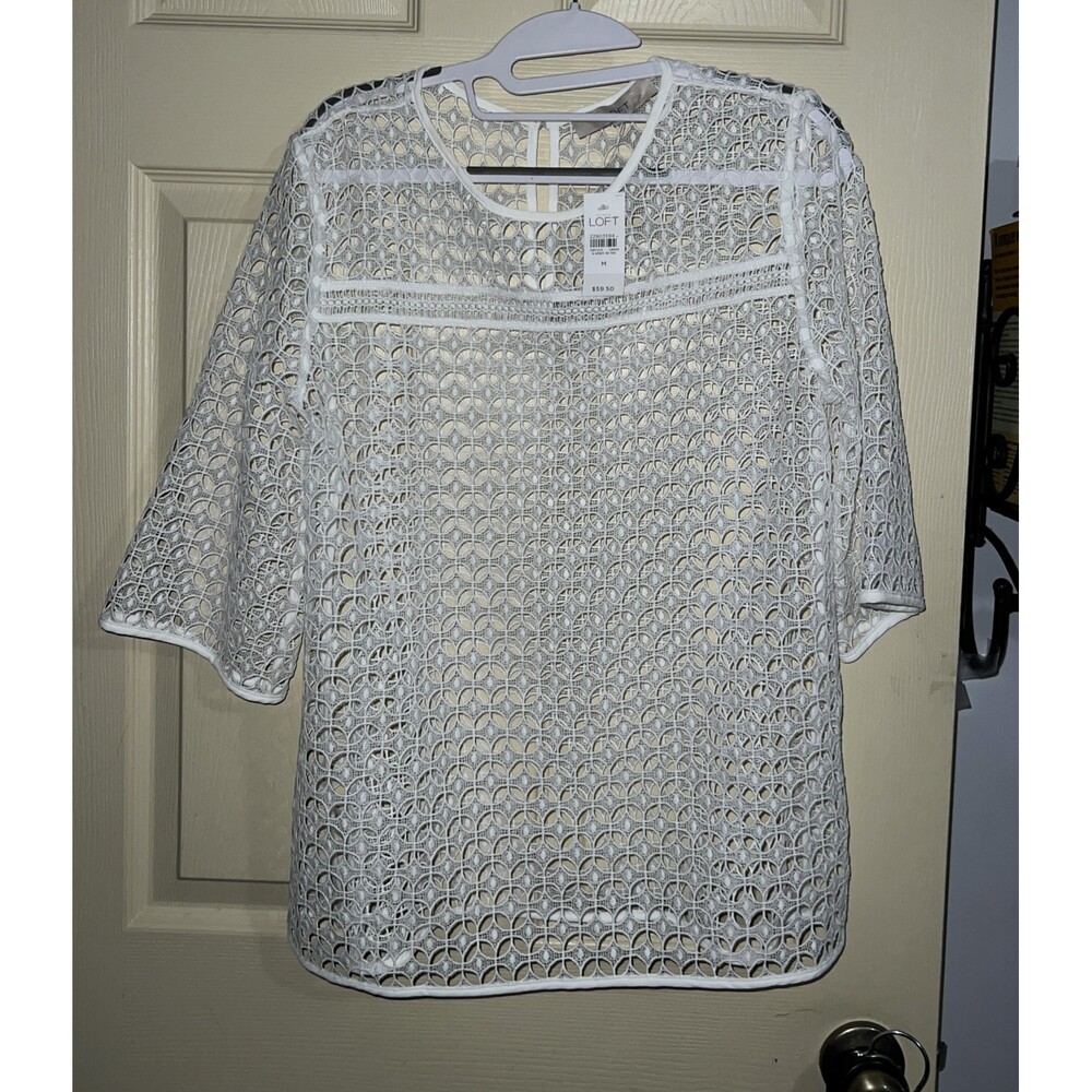 NWT Loft Women’s Crochet Bell Sleeve Top M Versatile beach w tank White tags
